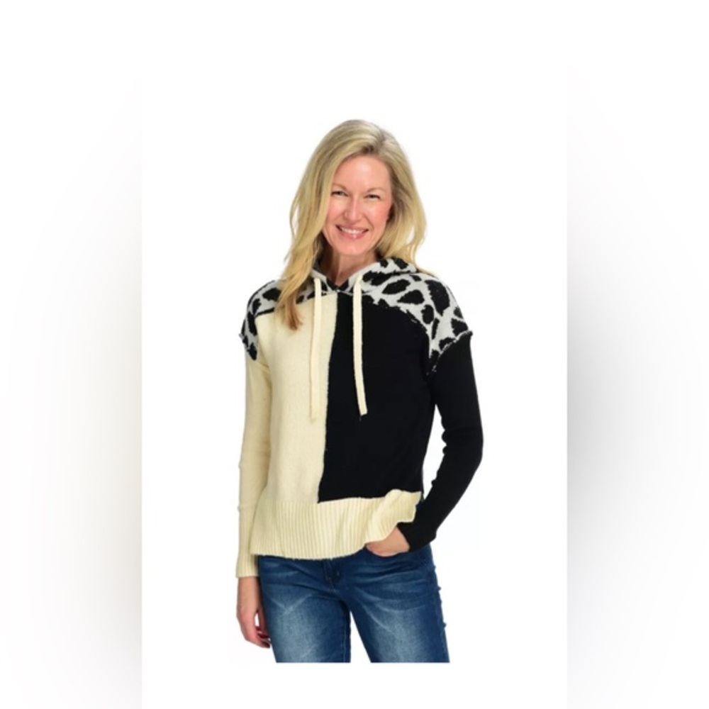 Elan Solid & Printed Super Soft Knit Sweater Color Block with Hoodie//Sz M